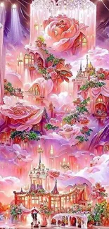 Magical fantasy rose castle under a pink cloudy sky.