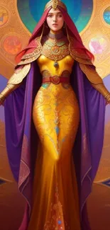 Regal fantasy figure in gold and purple attire with ornate ornamental background.