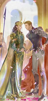 Fantasy art of a regal handshake with vibrant colors.