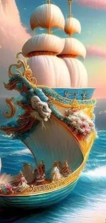 Fantasy sailing ship against a bright sky and ocean waves, ideal for mobile.