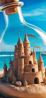 Sandcastle encased in a glass bottle against a bright blue seaside backdrop.
