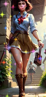 Fantasy schoolgirl walking towards a castle, exuding adventure.