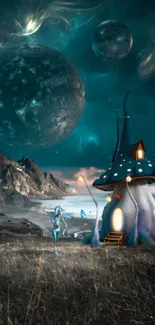 Mysterious alien world with moon and whimsical mushroom house.