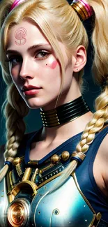 Sci-fi heroine with futuristic armor and blonde braids in a dark, vibrant setting.