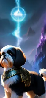 Shih Tzu in fantasy armor with mystical background.