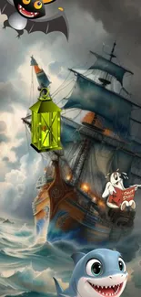 Fantasy ship with animated characters and ocean backdrop.