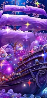 Fantasy ship sailing through a colorful galaxy filled with purple hues and stars.