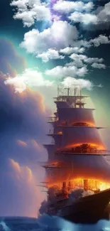 Fantasy ship sailing through glowing clouds in a vibrant and colorful scene.