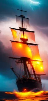 Vibrant fantasy ship in a dramatic stormy sea with lightning.