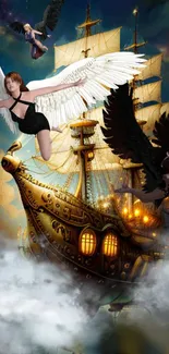 Angels soar alongside a fantasy ship in a vibrant sky scene.