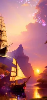 Fantasy ships sailing at sunset with glowing skies and peaceful waters.