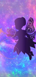 Silhouette of a fairy with wings in a cosmic, colorful background.