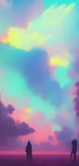 Fantasy sky wallpaper with silhouettes and colorful clouds.