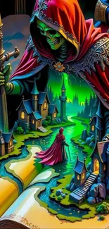 Skeleton in red cloak by enchanted village with candlelight.