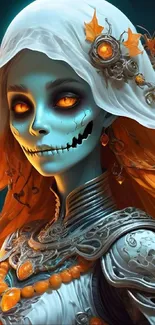 Fantasy skeleton character with orange hair and eerie eyes.