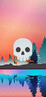 Colorful skull and forest wallpaper with vibrant reflections.