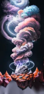 Surreal fantasy cloud and landscape wallpaper with vibrant colors.