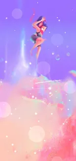 Fantasy dancer in a pastel sky with magical clouds.