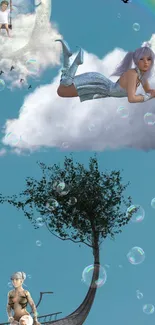 Whimsical fantasy art with floating figures and dreamy clouds.