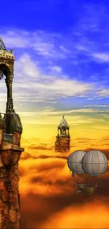 Fantasy landscape with stone towers and airships against a vibrant sky.