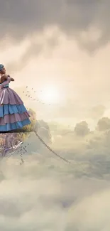 Elegant princess stands on cliff above dreamy clouds.