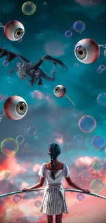 Girl faces dragon and orbs in a surreal, fantasy sky.