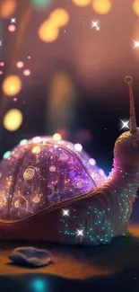 Fantasy snail glowing with purple and golden hues in a mystical setting.