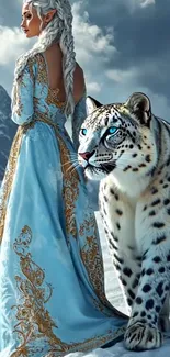 Fantasy warrior with snow leopard in snowy mountains.