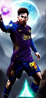 Famous soccer player in fantasy theme, magical aura background.