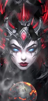 Dark fantasy sorceress with red and silver headdress holding a glowing orb.