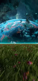 Fantasy landscape with a blue planet and green field.