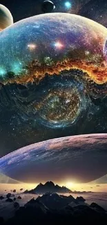 Vibrant fantasy space wallpaper with ethereal planets and cosmic design.