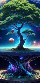 A fantasy tree in a cosmic space scene with planets and galaxies.