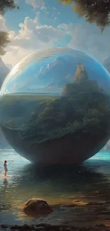 Fantasy sphere in serene nature landscape.