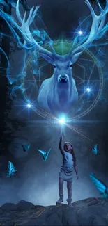 Magical stag and girl with blue butterflies in a dark forest, fantasy art.