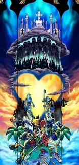 Fantasy stained glass artwork with castles and vivid colors for mobile wallpaper.