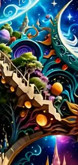 Surreal fantasy staircase with galaxy sky