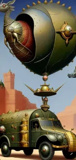 Steampunk dragon balloon flying over a desert landscape in a surreal scene.