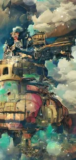 Fantasy steampunk fortress in vibrant sky surrounded by colorful clouds.