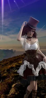 Steampunk woman in scenic fantasy landscape wallpaper.