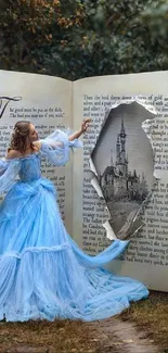 Woman in blue dress explores giant storybook in forest setting.