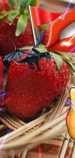 Striking strawberry basket with dragon and whimsical elements.