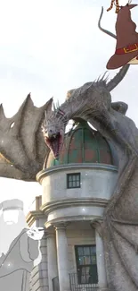 Dragon perched on a building in a fantasy street scene.