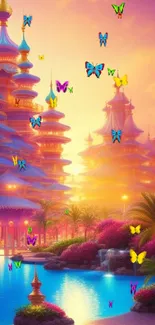 Fantasy palace under a vibrant sunset with palm trees and bright colors.