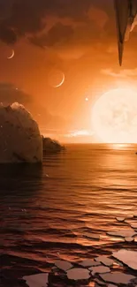 Fantasy sci-fi sunset on a distant orange planet with celestial bodies.