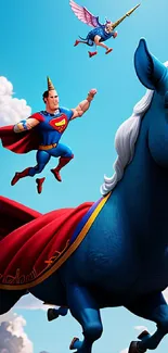 Superhero in red cape rides a blue unicorn with a horn, set against the sky.