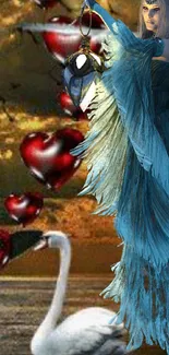 Fantasy figure with swan and floating hearts in blue-themed wallpaper.