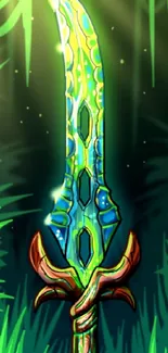 Glowing fantasy sword in enchanted forest setting.