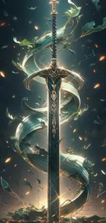 Illustrative fantasy sword with glowing leaves and mystical light effects.