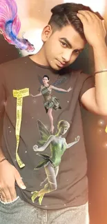 Brown t-shirt with fairies in a fantasy-themed mobile wallpaper.